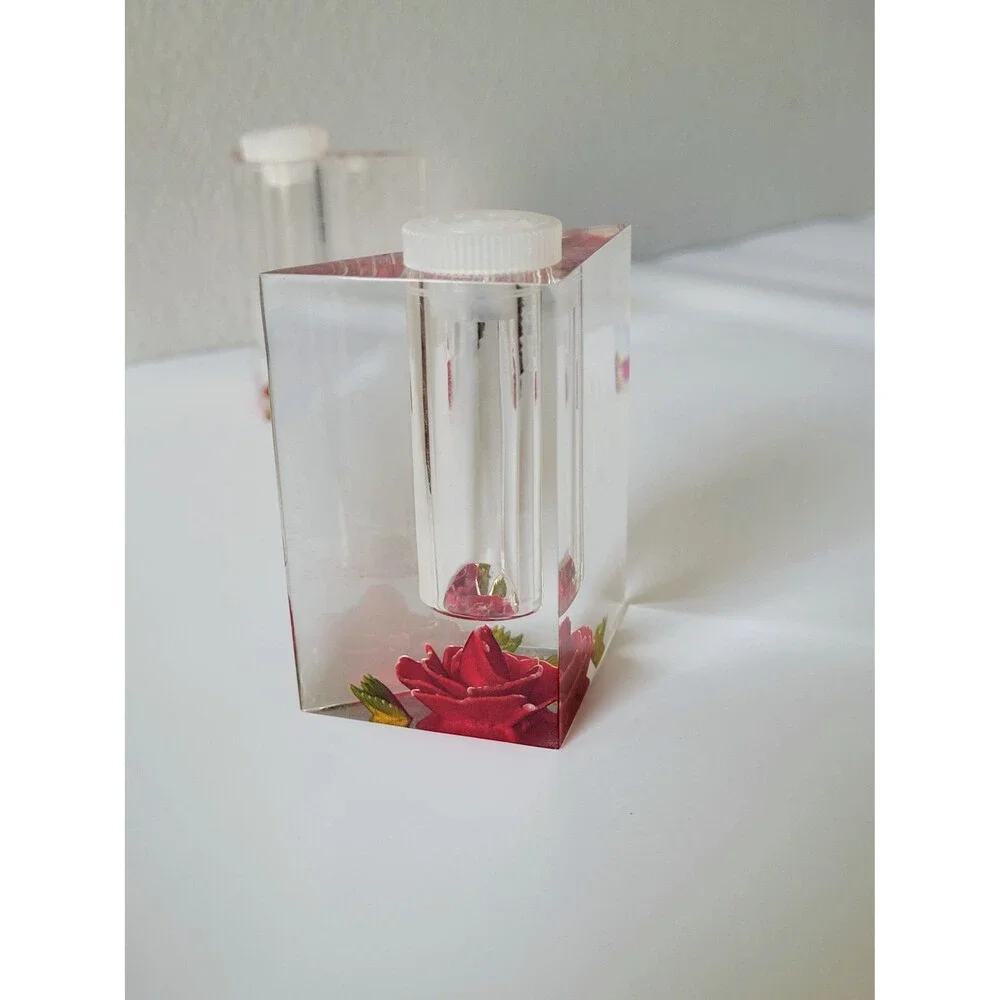 Vintage Clear Lucite Salt and Pepper Shakers Reverse Carved Red Roses Bircraft